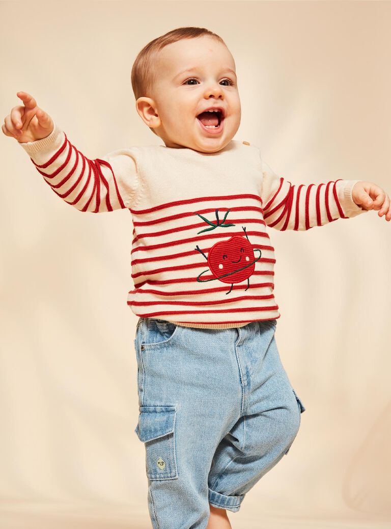 Pull marinière vanille et rouge en tricot tomate