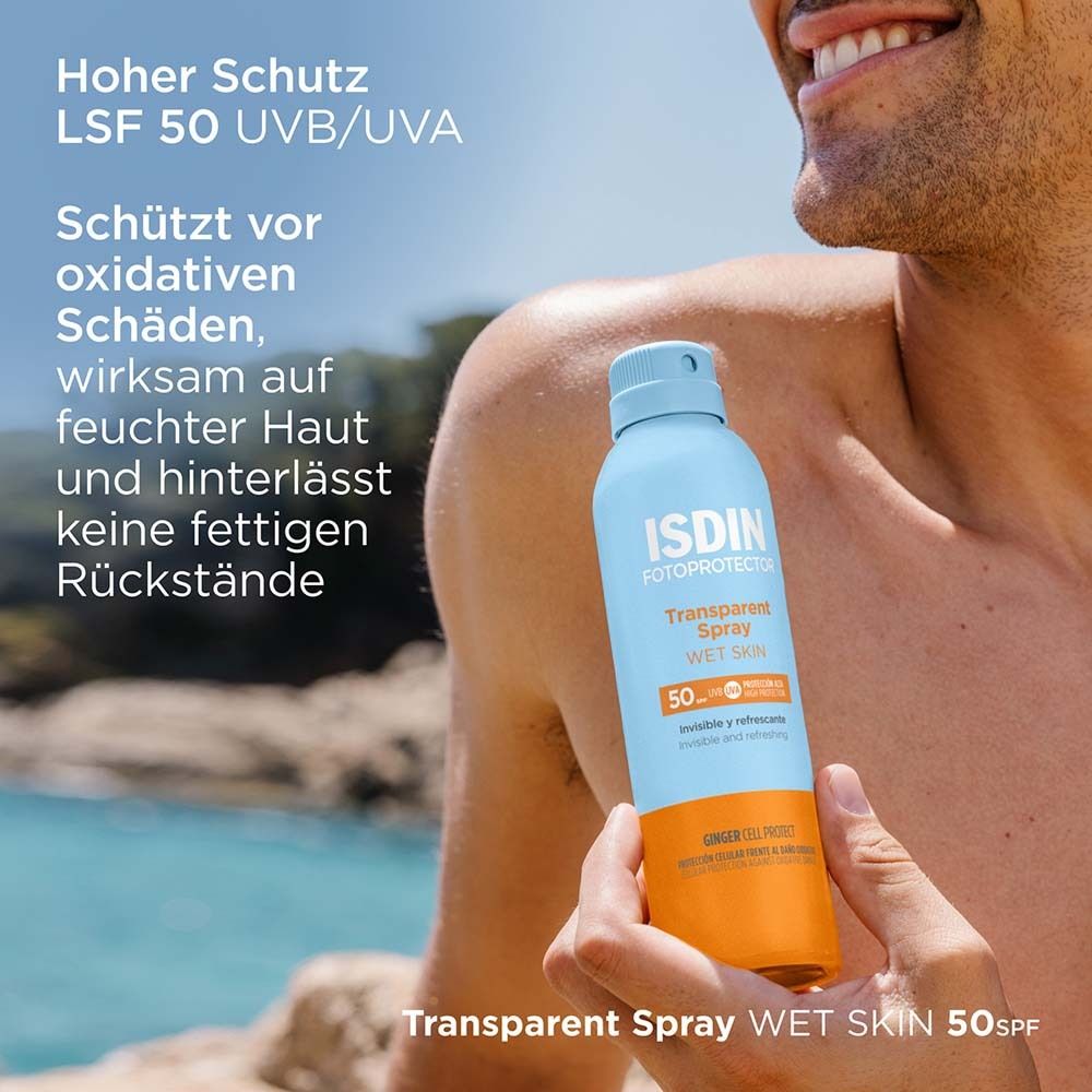 ISDIN Transparent Sonnenspray WET SKIN LSF50 wasserfester Sonnenschutz mit leichter Textur