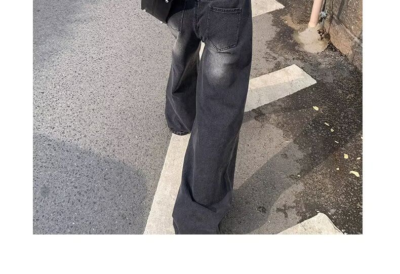 deersweeti - Mid Waist Washed Wide Leg Jeans