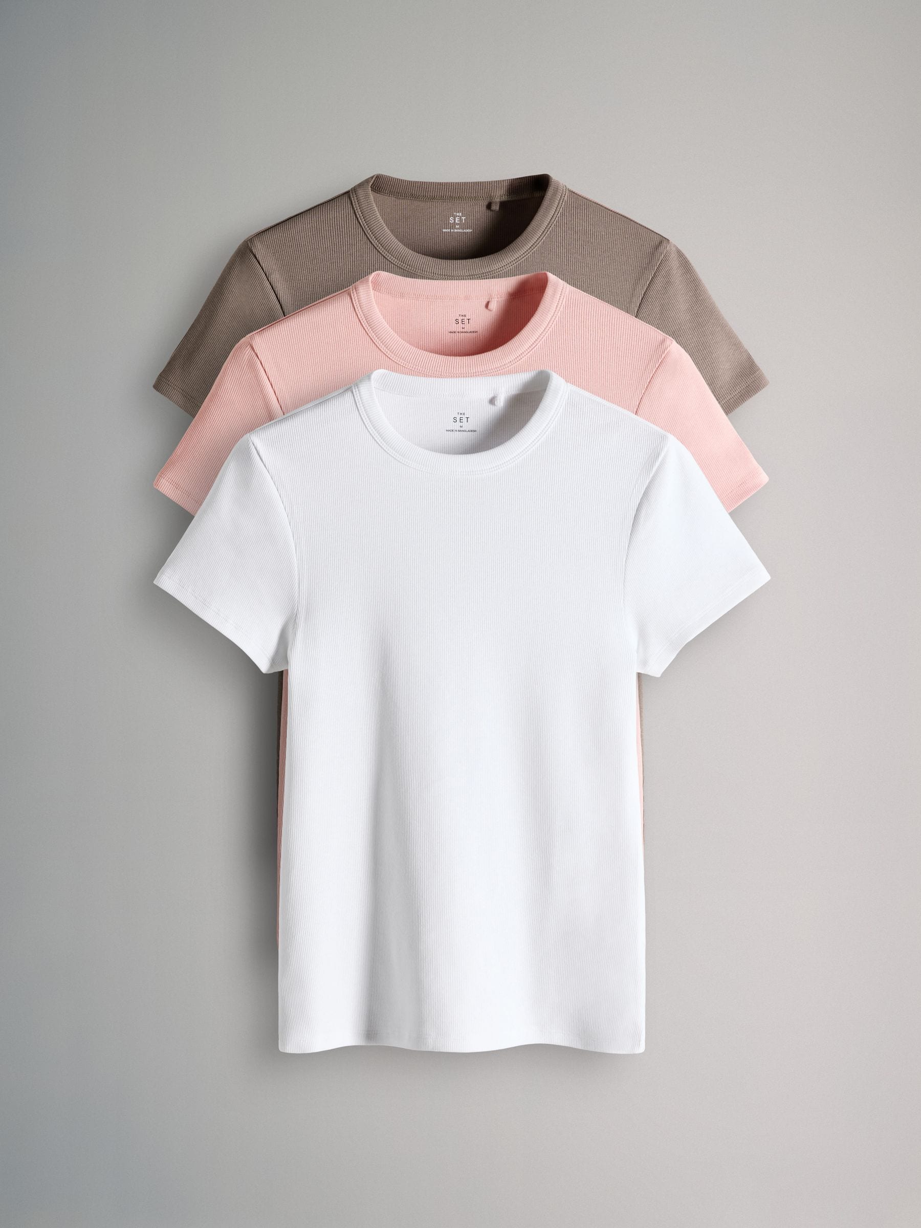Taupe/roze/wit - The Set 3 Pack Korte Mouw Geribd T-shirt