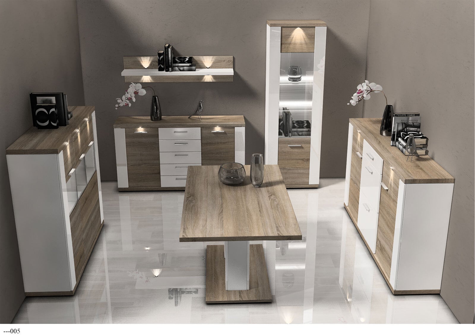 Highboard Manhattan weiß Arctic Hochglanz/Eiche sägerau