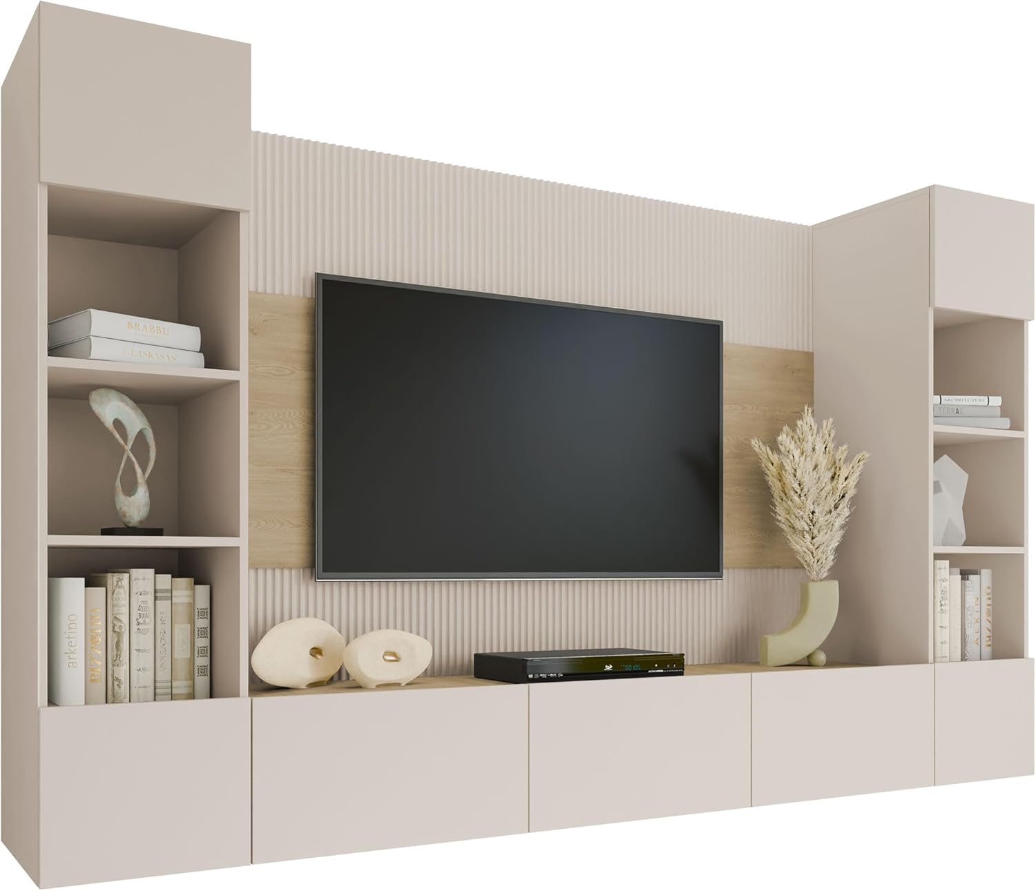 Mirjan24 Wohnwand Deromi, Anbauwand mit Wandpaneele und TV-Lowboard, Akustikplatten, Fernsehschrank, Schrankwand, Mediawand, TV-Lowboard (Sandbeige + Eiche Cremona, 2X Hängeregal)