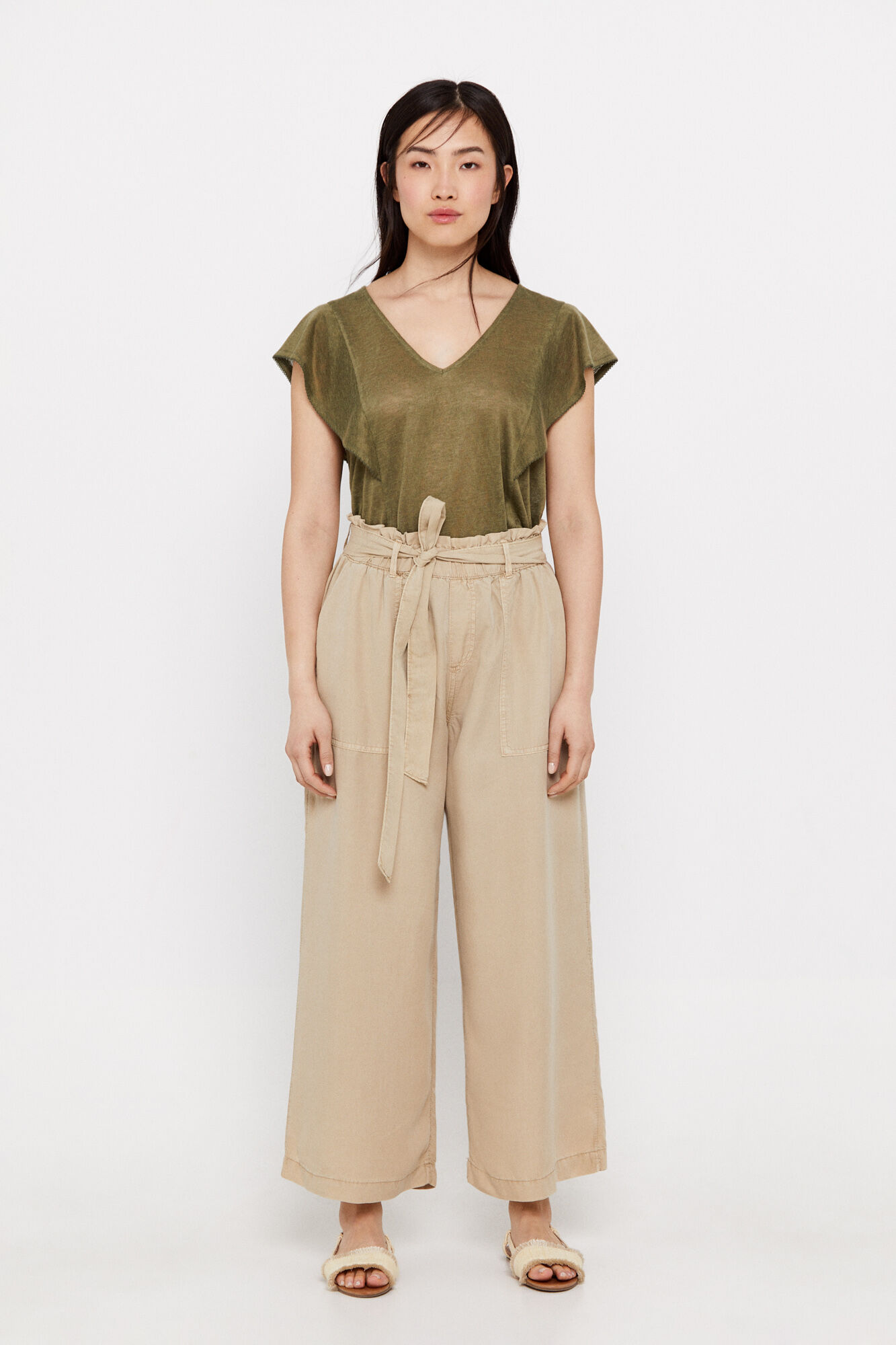 Calça palazzo cargo Tencel - Bege