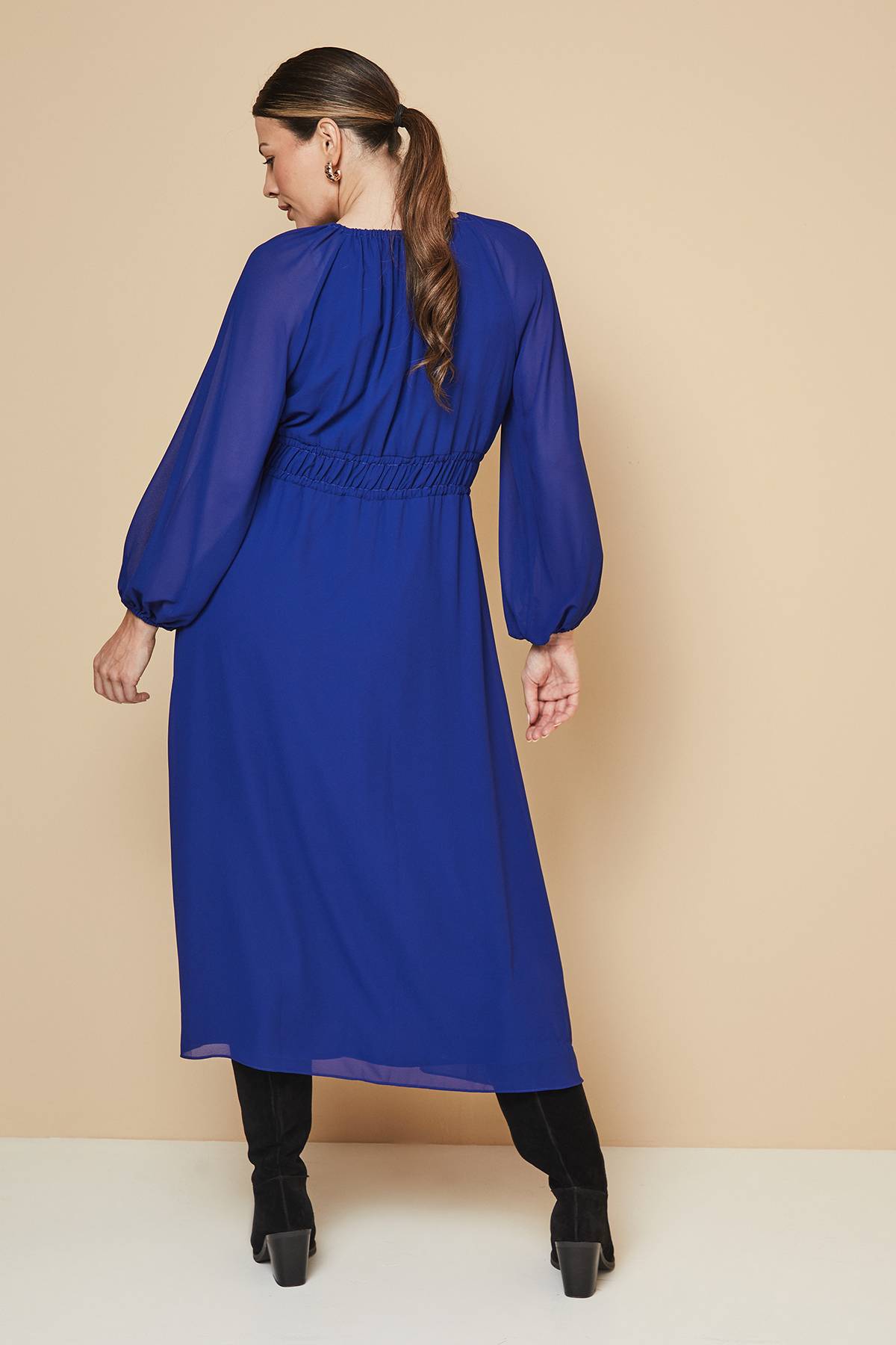 Wallis Robe Mi-Longue Tissée avec Détail Nœud Devant à la Taille