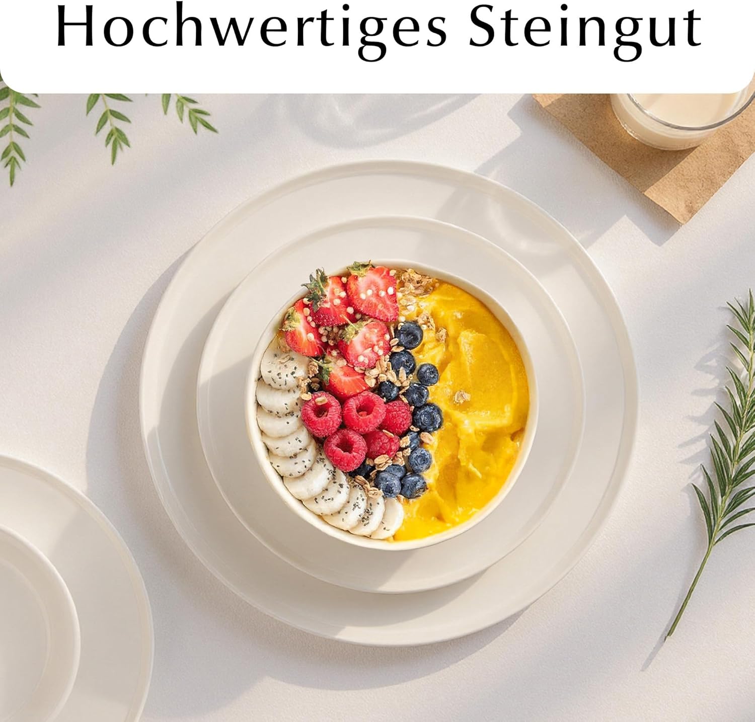 MIAMIO – Geschirrset 8 Personen / 24-teiliges Steingut Modern/Tafelservice – Spülmaschinen- und Mikrowellenfest - Luxe Kollektion (Weiß, Geschirrset (24x))