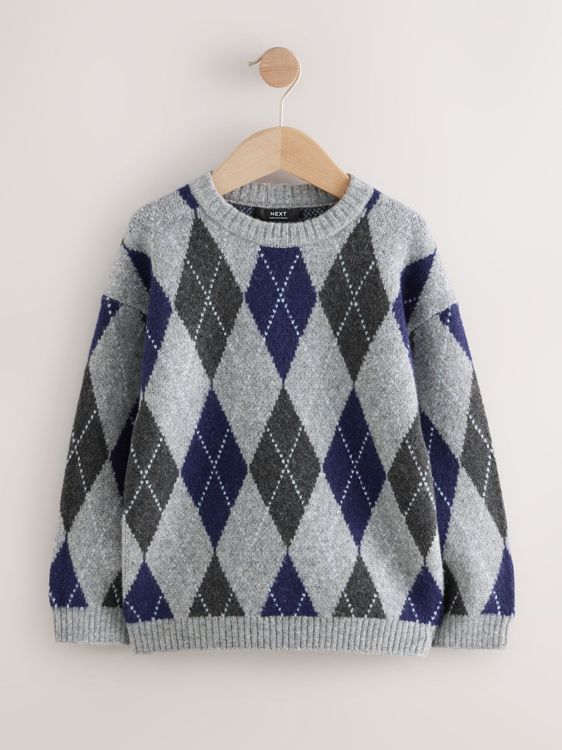 Grijs Argyle - Gebreide trui met ronde hals (3mnd -16jr)