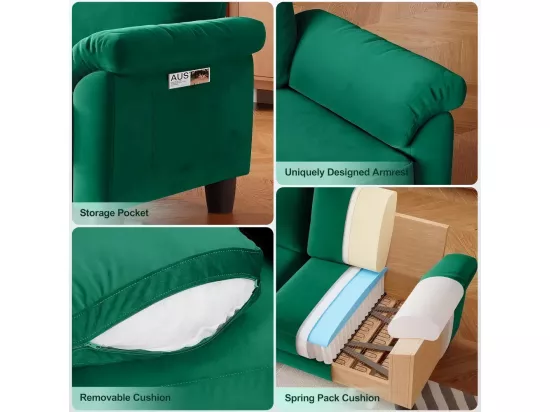 Canapé de salon 2 place en tissu chenille, Canapé moderne du milieu du siècle, avec sac de rangement, 178x75x87cm, Vert