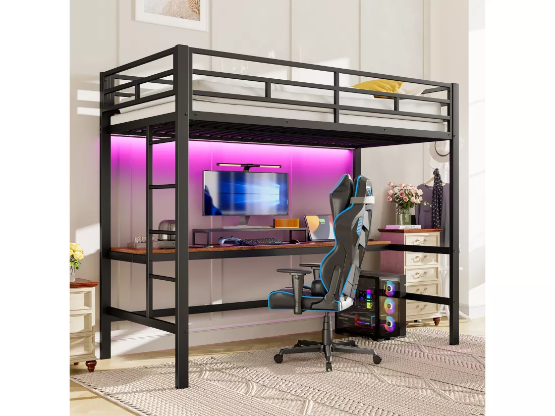 Lit mezzanine garde-corps et escabeau - 90 x 200 cm - avec USB et table - LED - sans matelas - métal - white