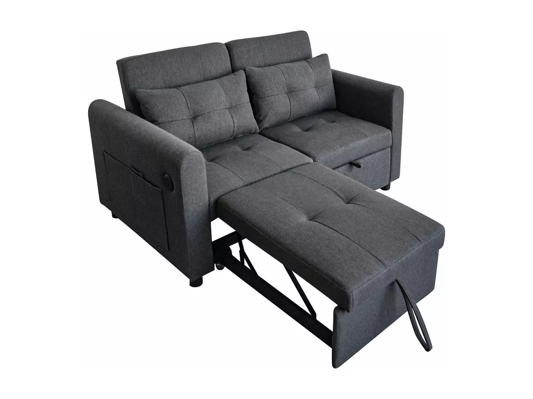 Canapé 3 en 1 - Canapé 2 places - Dossier réglable - Avec port USB - Poches d'accoudoirs + Coussins - Gris