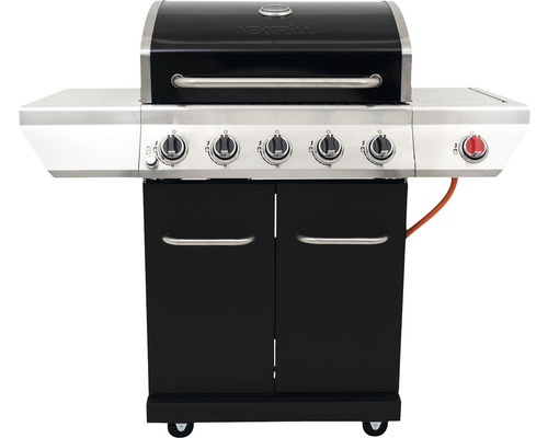 Nexgrill 5-pits gasbarbecue + zijbrander, zwart, inclusief opbergplank, dekselthermometer, geëmailleerde gietijzeren planchaplaat, vetopvangbak, grillpan, grillrooster, krachtige warmtezone, zijplank, warmhoudrek. Geëmailleerd gietijzeren grillrooste