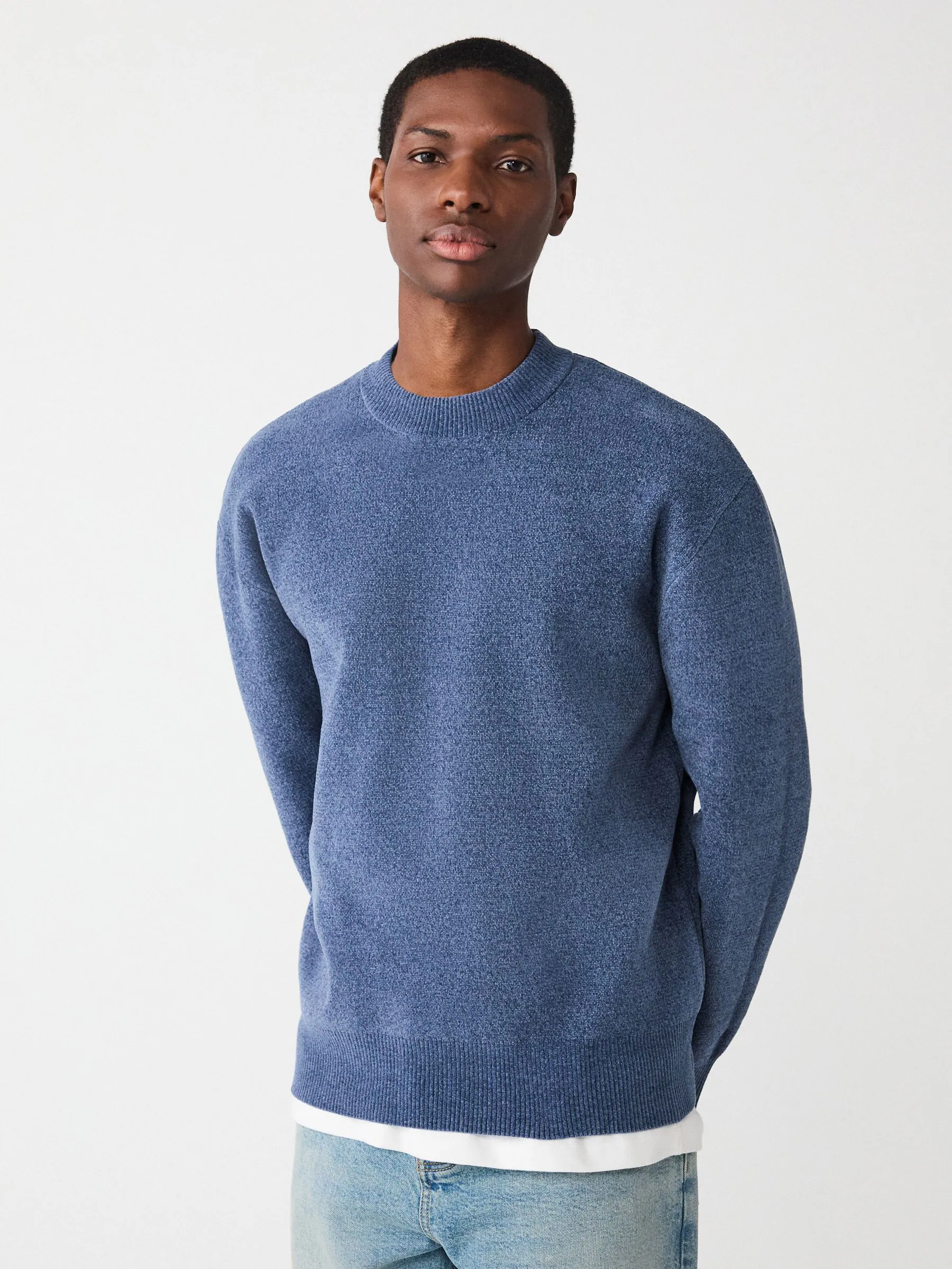 Blauw - Relaxed Fit Plain Chenille Crew Neck Jumper