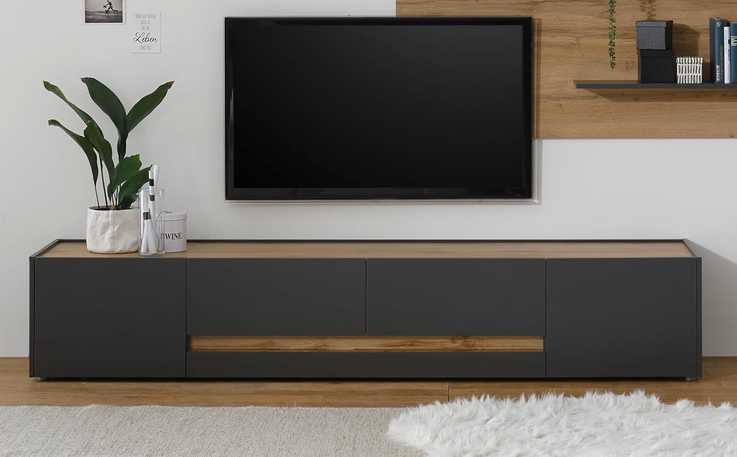TV Unterteil Lowboard in Eiche Wotan Holz und grau matt Wohnzimmer Fernseher Schrank Mediaschrank TV-Board 223 x 40 cm Center (TV-Lowboard 3)