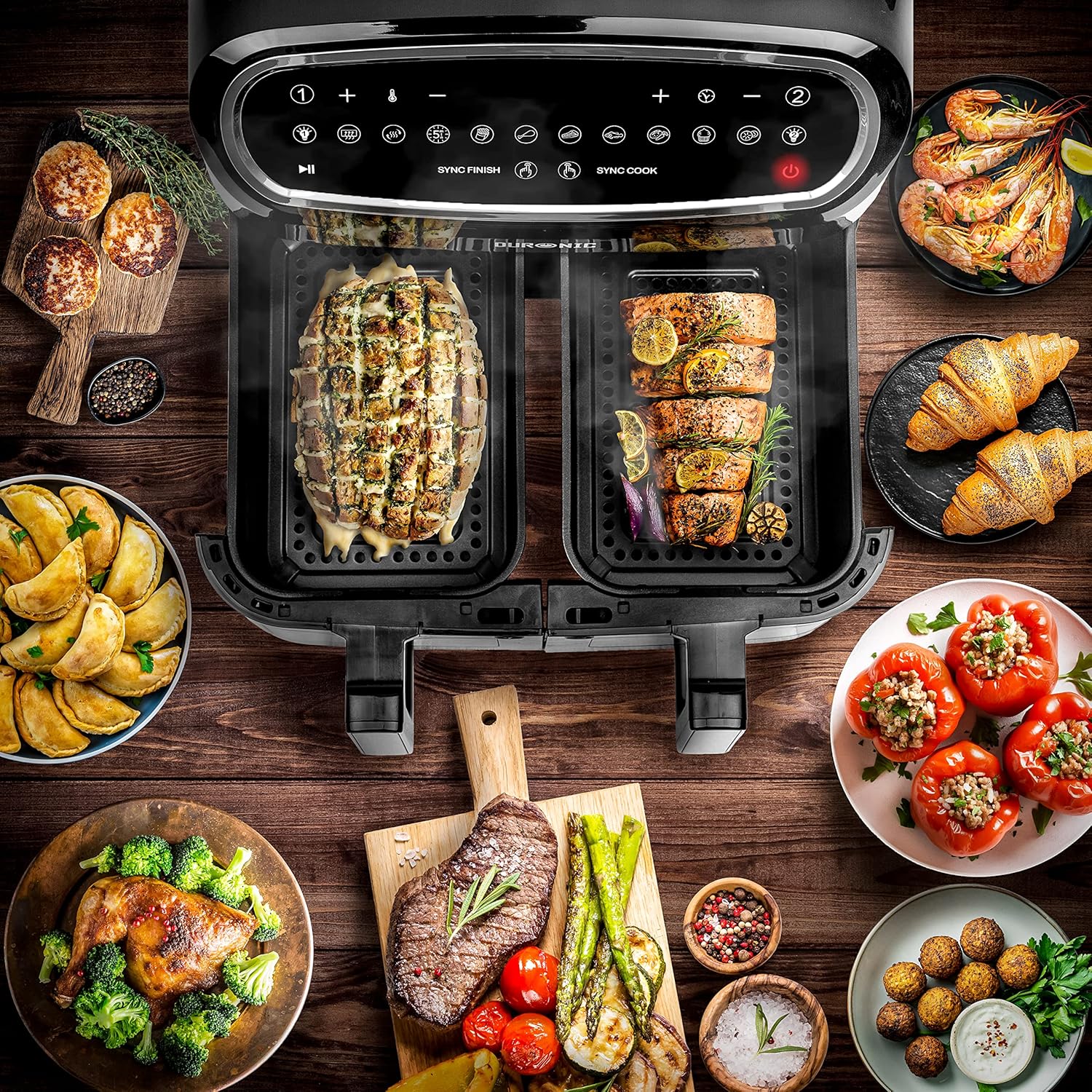 Duronic AF24 BK Doppelkammer Heißluftfritteuse, XXL Airfryer mit 2 x 5l Körbe, 10l Dual Zone Fritteuse mit 2400 Watt, Air Fryer mit 10 Programme
