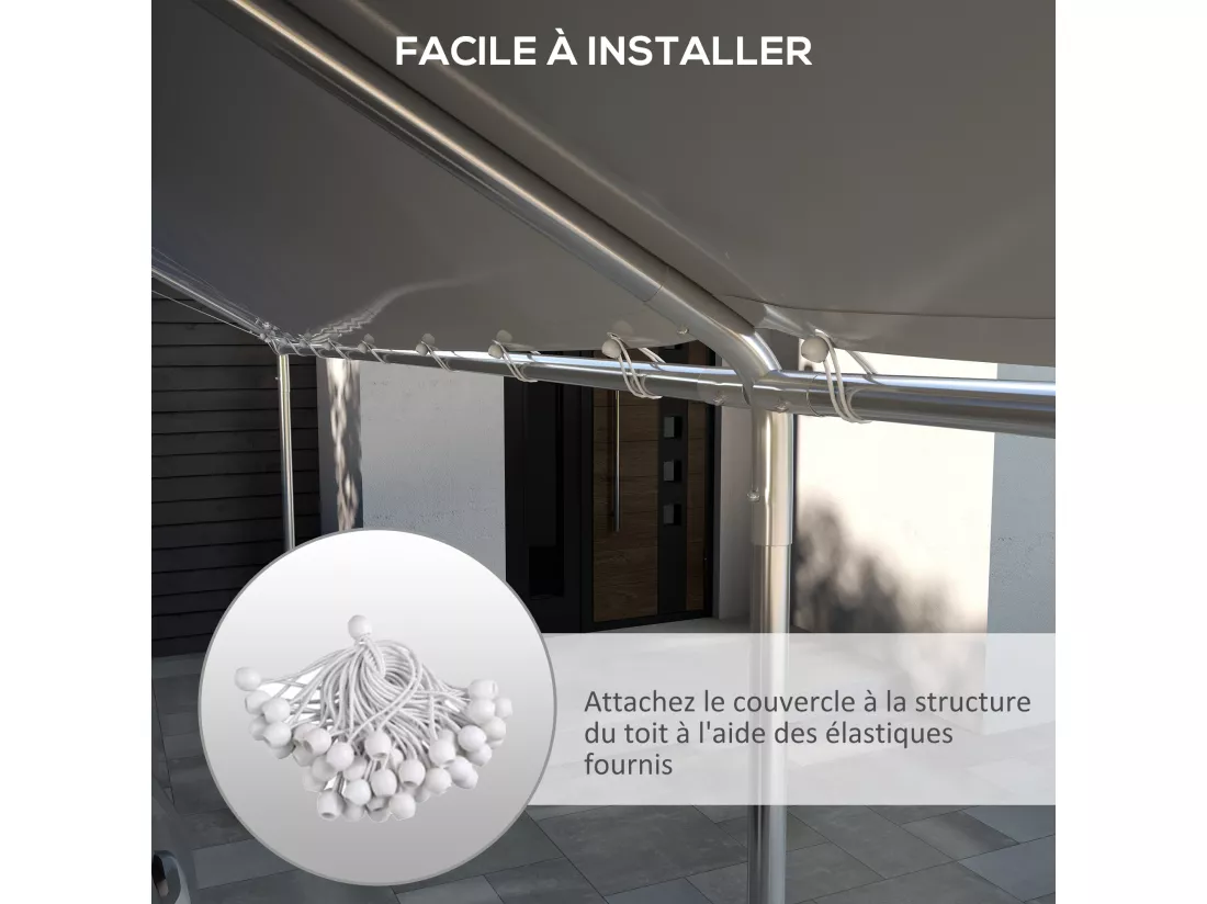 Toile de rechange carport auvent voiture dim. 6L x 3l m tendeurs élastiques inclus PE haute densité blanc