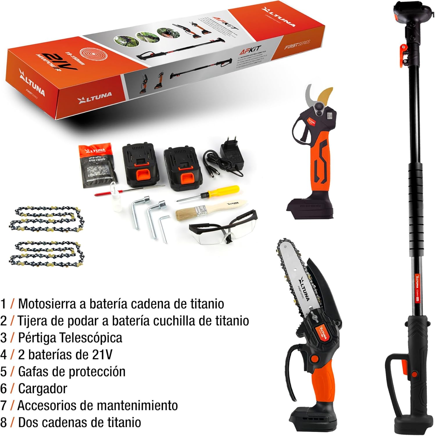 Altuna Kit für Akku-Gartenschere Titan - Elektrische Kettensäge + Elektrische Gartenschere + Teleskopstange für Höhenarbeiten von 1,63 Metern - Inklusive 2 Akkus - Mit Ladegerät und Schutzbrille