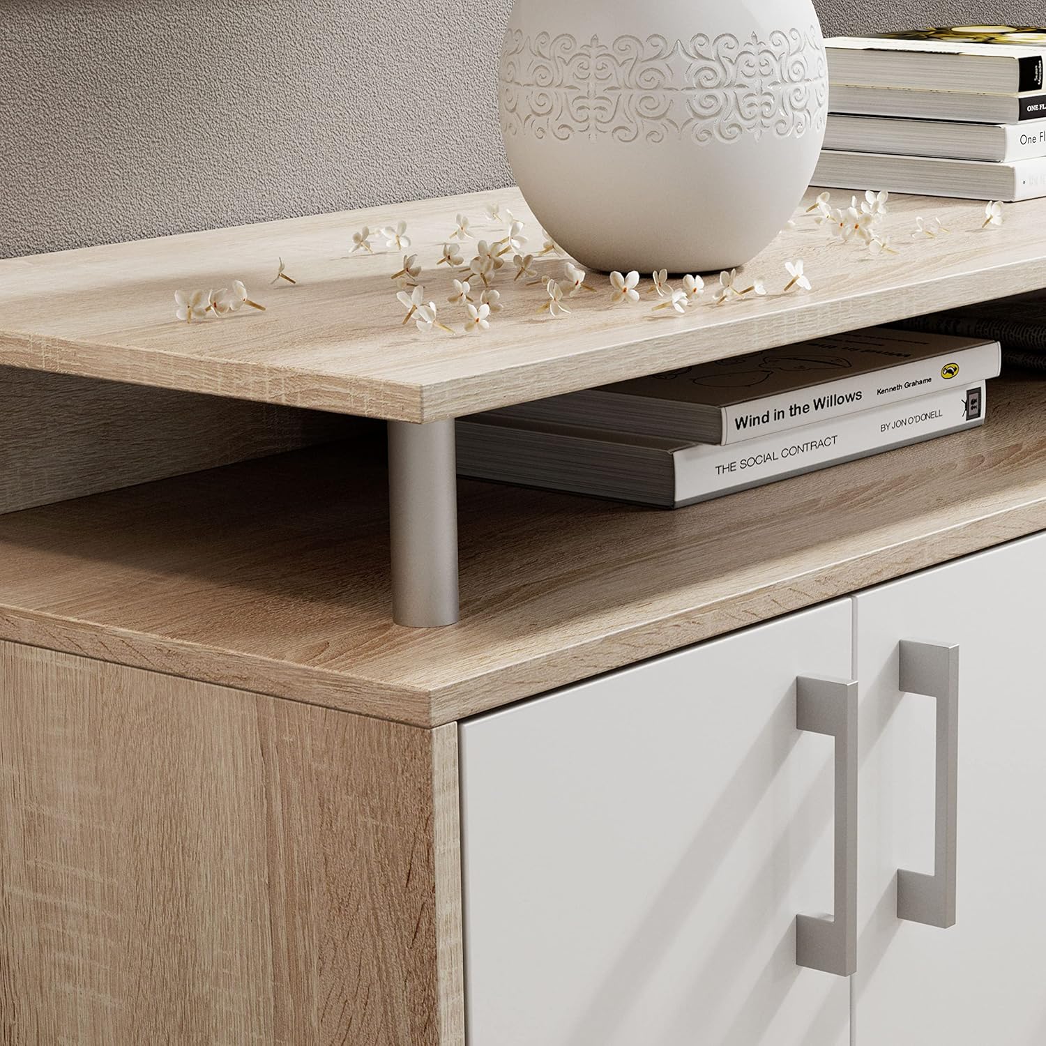 DRIFT Sideboard mit Ablage in Eiche Sonoma Optik, Weiß - Moderne Kommode mit Schubladen und viel Stauraum für Ihren Wohnbereich - 139 x 90 x 34 cm (B/H/T)