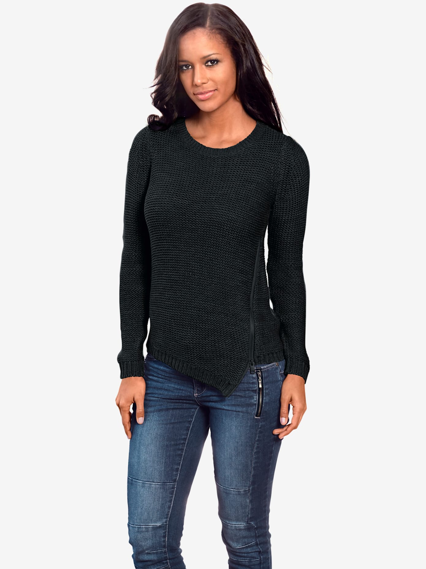 Pull col rond look asymétrique tendance avec glissière
