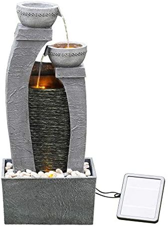 Teamson Home Garden & Outdoor Solarbetriebenes Wasserspiel mit Lichtern, kaskadierendem Springbrunnen, schiefergrauem Wasserfall-Dekor für den Innenbereich und Batterie-Backup