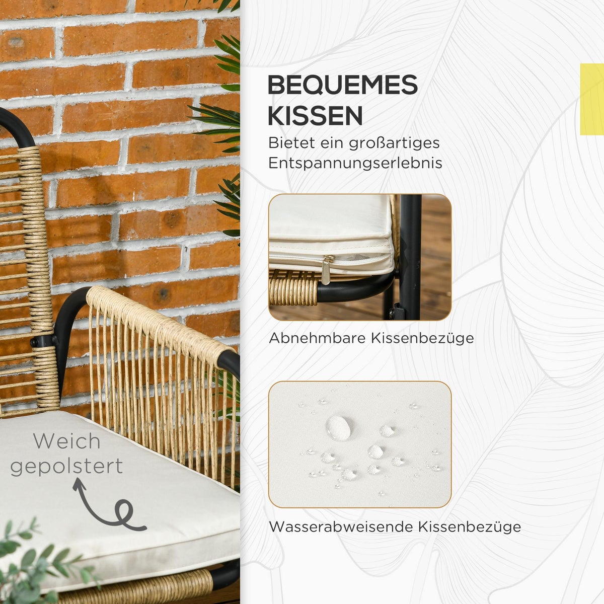 Outsunny 4-delige polyrotan tuinmeubelset, zitgroep met 1 tweezitsbank, 2 fauteuils, 1 salontafel met glazen tafelblad, 110L x 65B x 74H cm, PE rotan, polyester, geel
