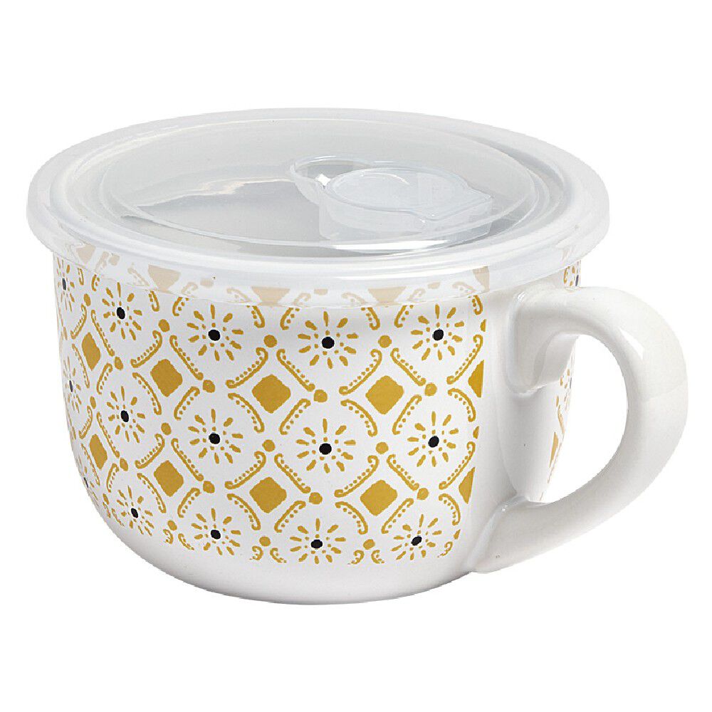 Bol jumbo blanc à motif ethnique jaune et noir couvercle transparent