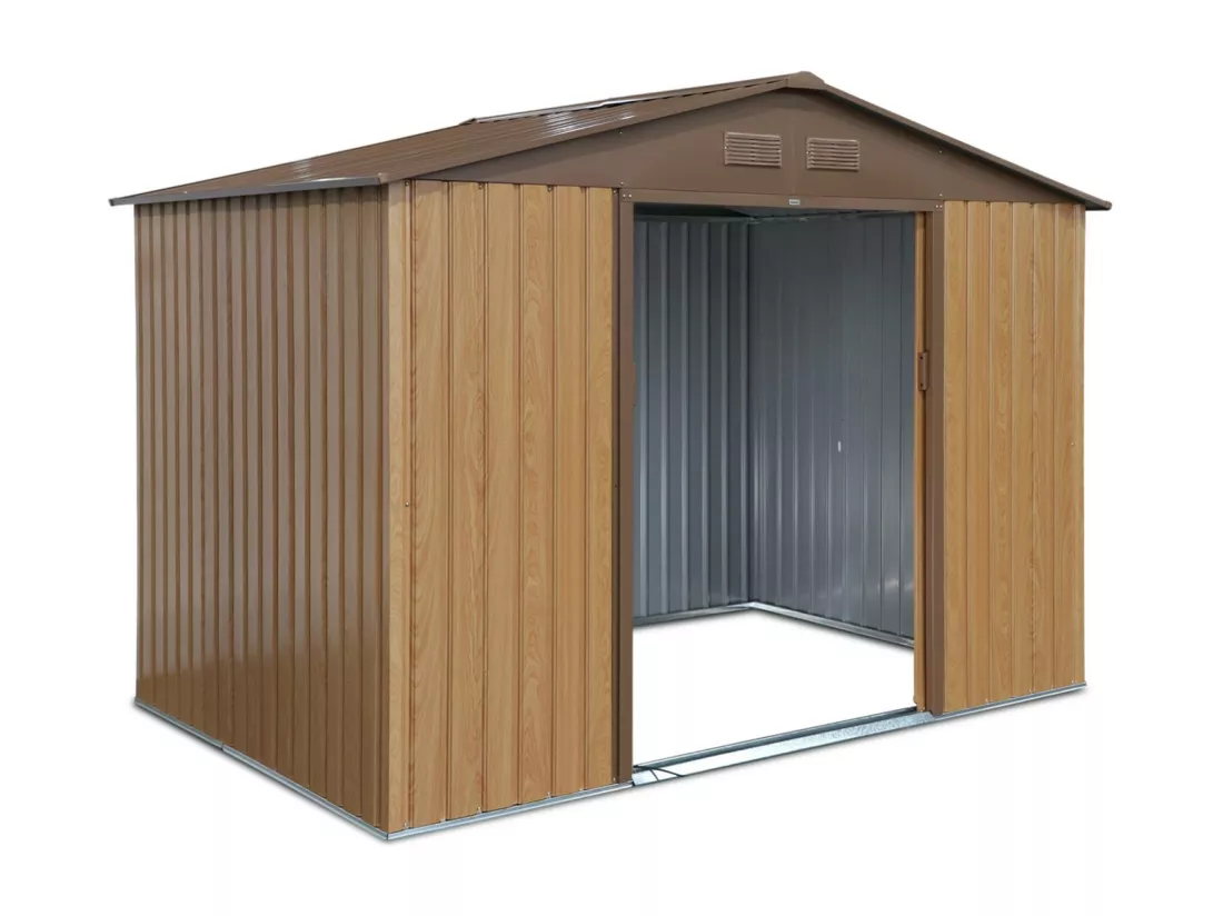 Abri de jardin en métal - FERRAIN 5.29m² couleur chêne - Cabane à outils avec deux grandes portes coulissantes. kit de fixation sol inclus. maison de rangement. remise