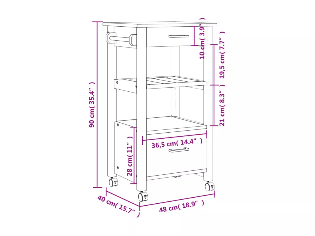 Chariot de cuisine MONZA 48x40x90 cm bois massif de pin