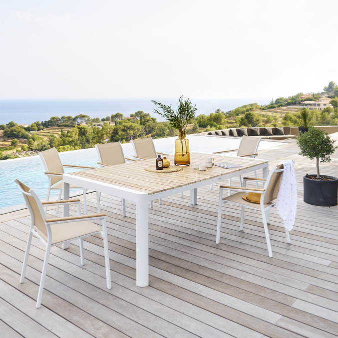 Ensemble table de jardin PARADIZE + 6 fauteuils empilables ESSENTIA Blanc & Acacia