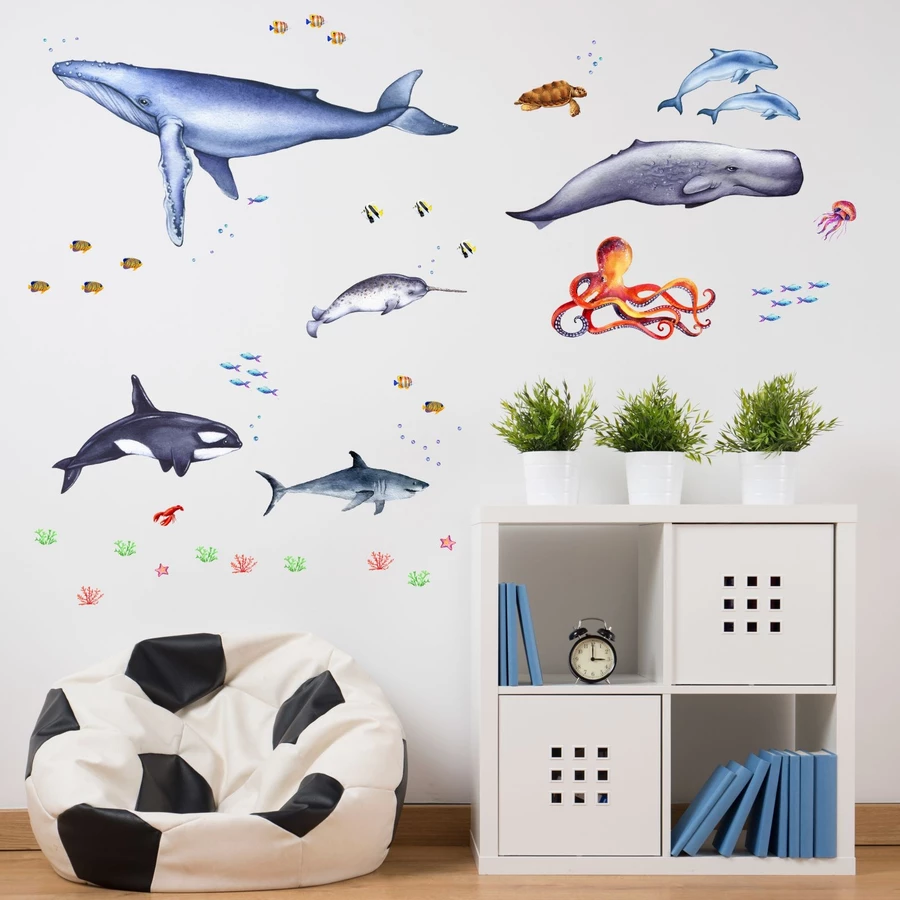 Nikima Wandtattoo 166 Tiere der Meere - Blauwal, Hai, Delfin, Orca in 6 vers. Größen blau