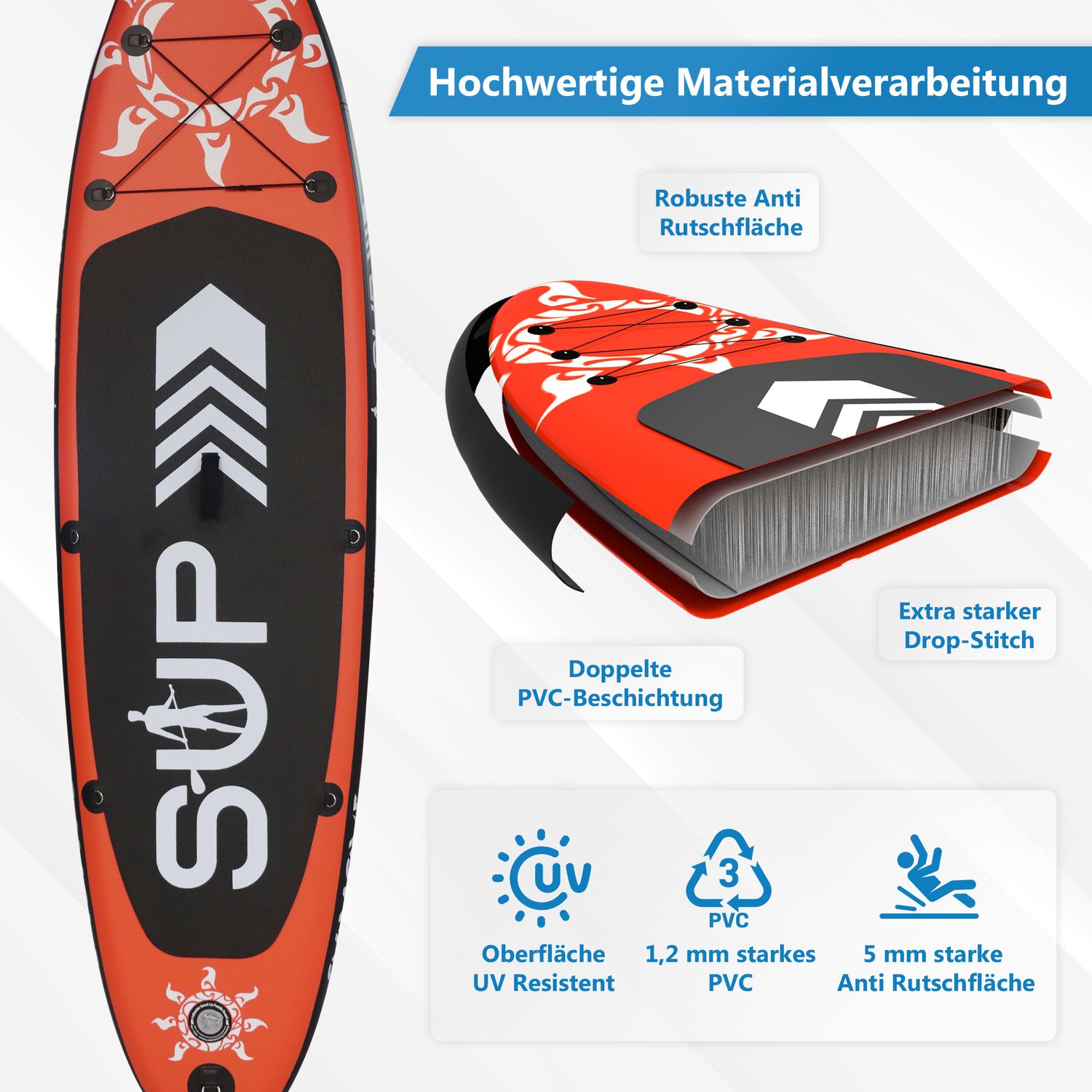 24MOVE® Standup Paddle Board SUP, inkl. umfangreichem Zubehör, Paddel und Hochdruckpumpe, ROT, 366x80x15cm