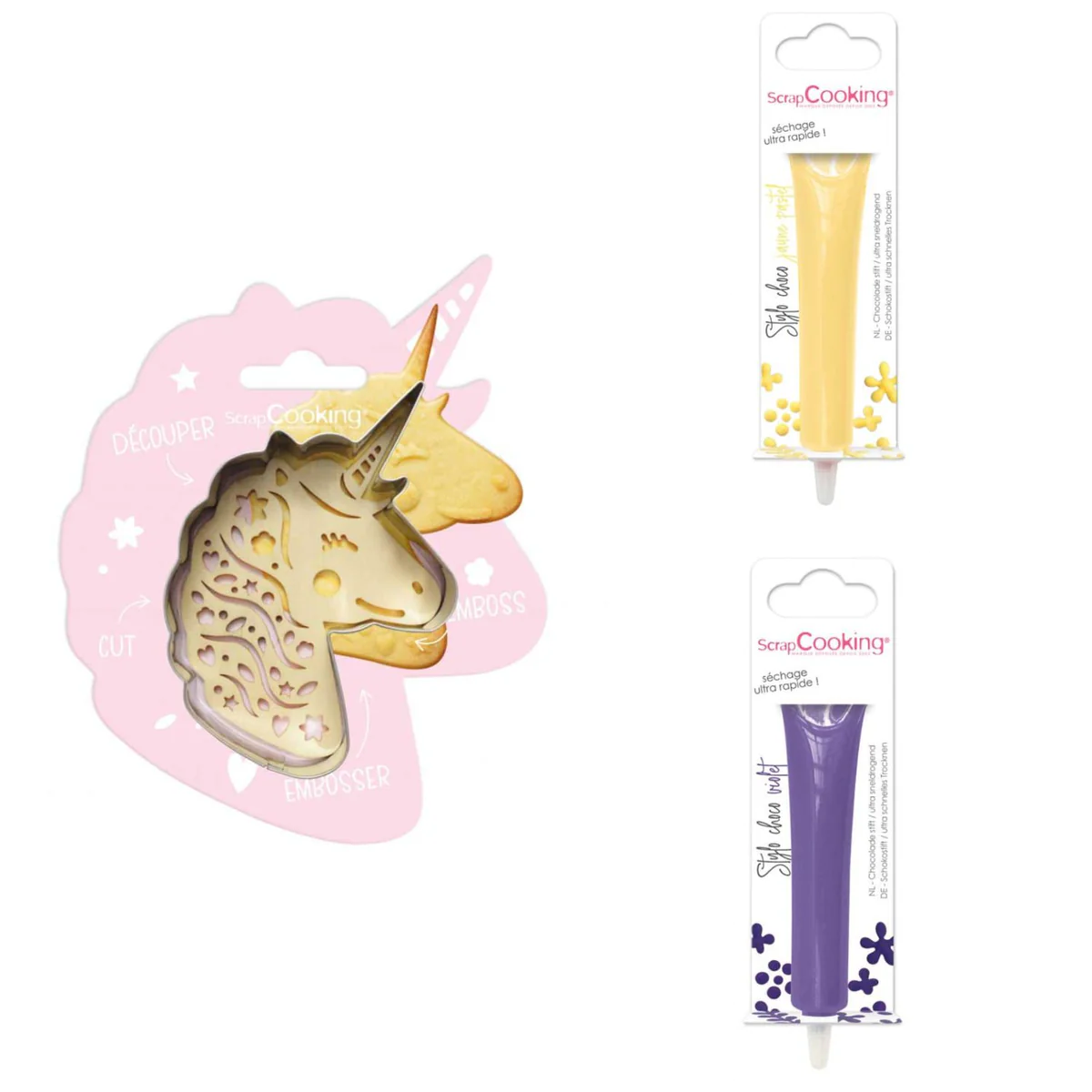 Kit pour biscuit en relief Licorne + 2 Stylos au chocolat jaune pastel