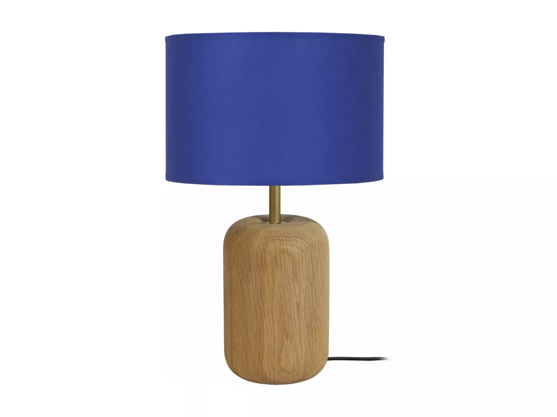 Lampe a poser cylindre bois naturel,bleu 36 cm.