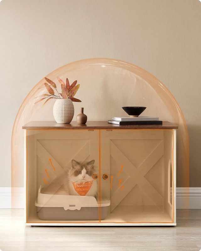 Feandrea - Kattenhuis - luxe kattenmand / kattenbak - 70 x 50 x 50 cm - met tafelfunctie - honingbruin en vintage wit