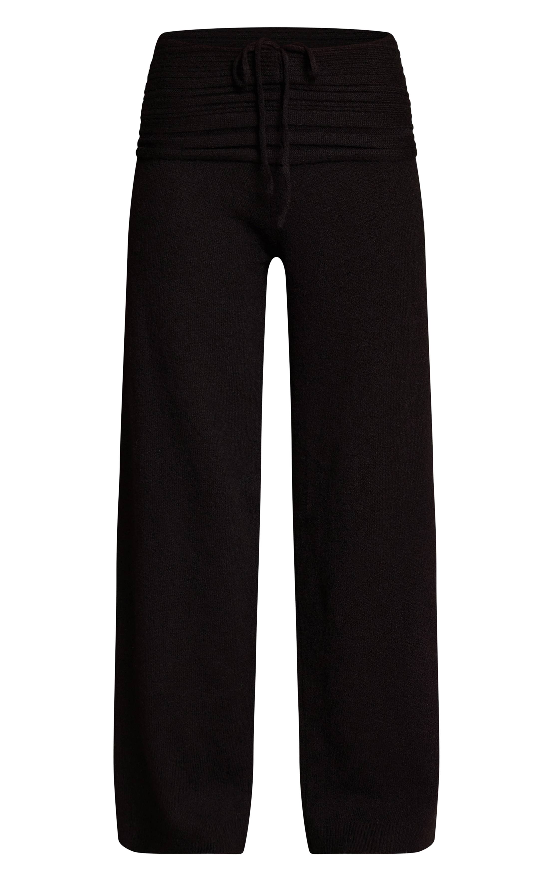 Noir Pantalon En Maille Côtelée Souple À Taille Repliée