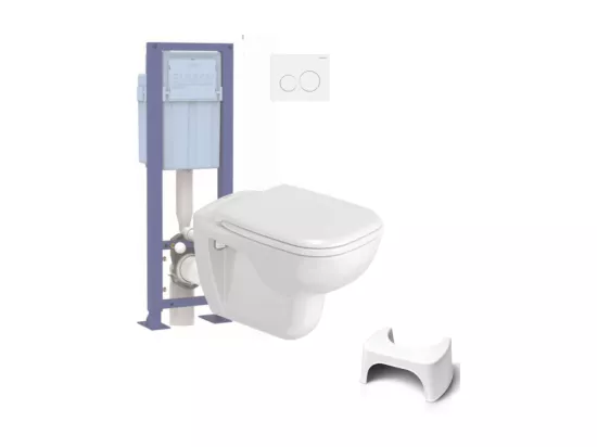 Pack WC suspendu DURAVIT D-code + bati support SIAMP + plaque + tabouret physiologique blanc
