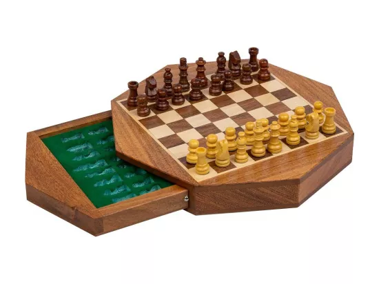 Échiquier magnétique avec tiroir pour pièces en bois marron d22,5x5h