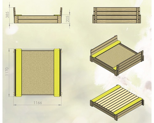Luxe zandbak van sparrenhout inclusief deksel, 117x117x38,5 cm, naturel groen