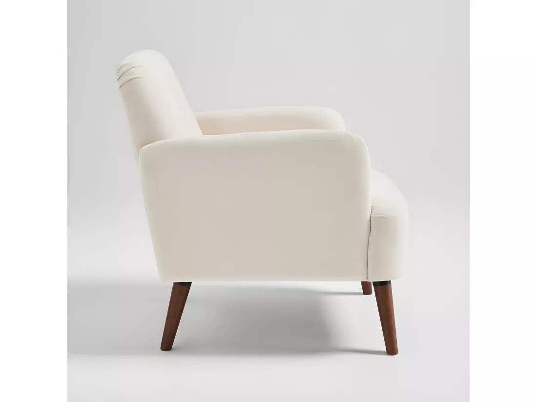 Brooks - Fauteuil rétro en tissu chenille pieds bois foncé - Écru