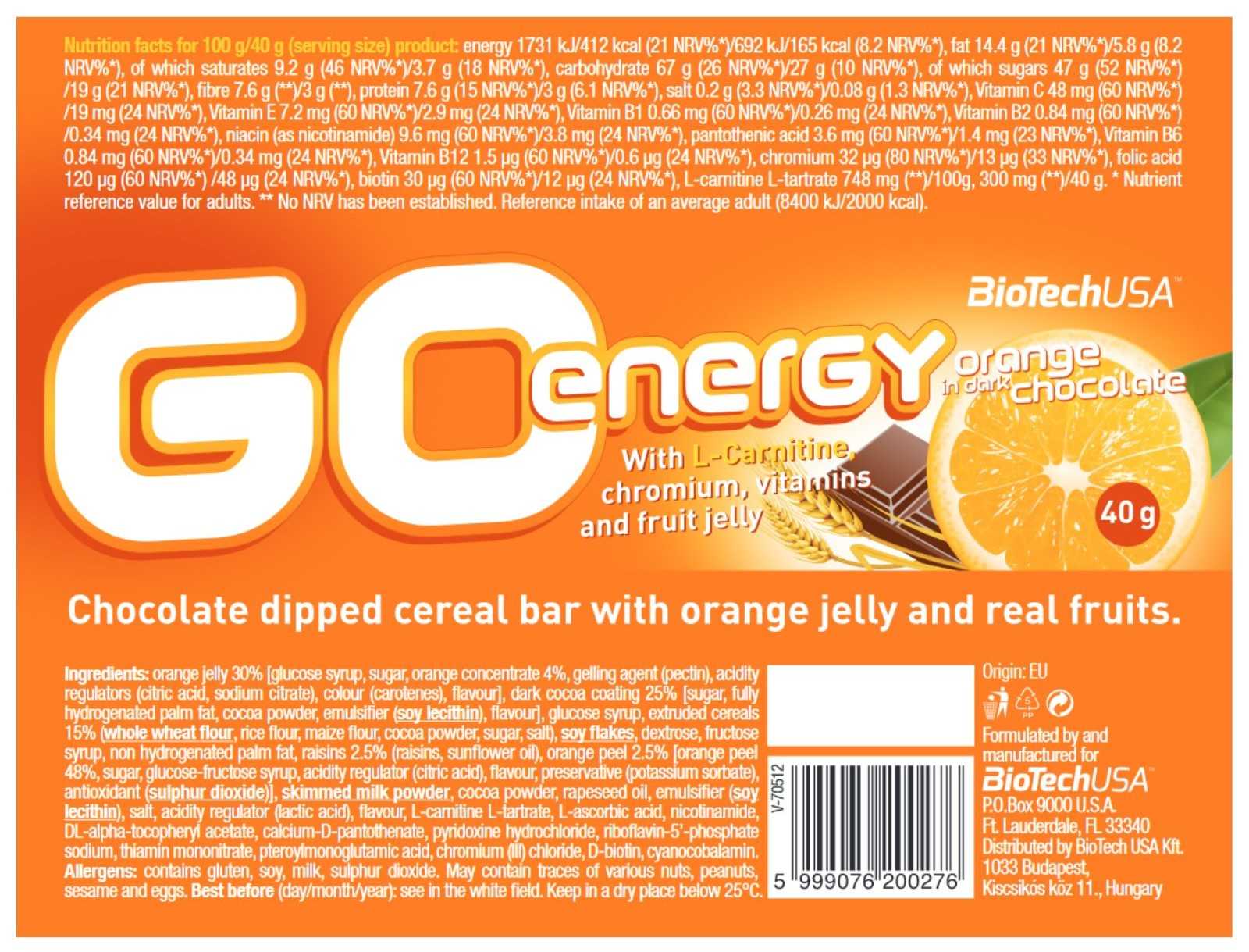 Barra energética Biotech USA Go Energy Bar 40 g