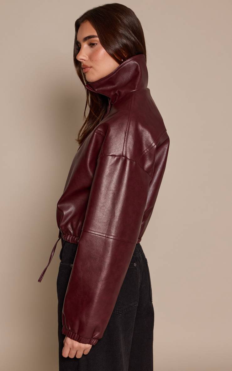Rouge Bordeaux Veste Col Montant En Synthétiquecuir À Ourlet Bouffant