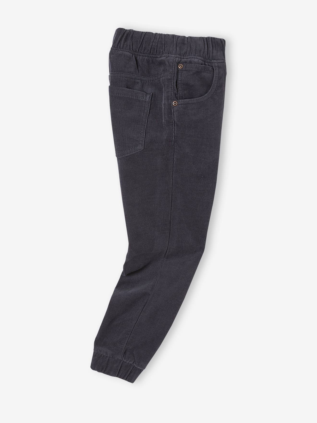 Calças de moletom de veludo cotelê fáceis de usar, lisas em azul escuro com estampas, para meninos.
