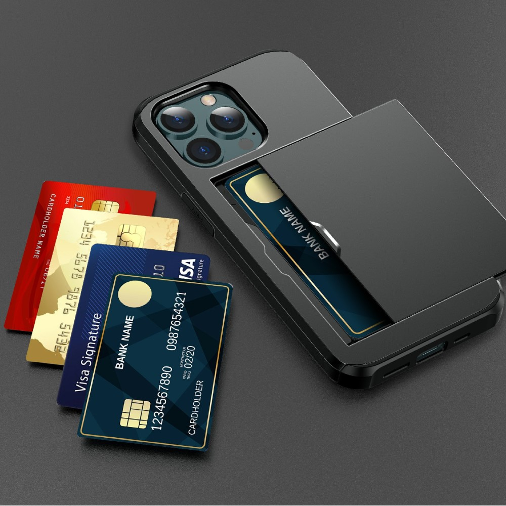 iPhone 13 Pro Hybrid Hardcase Hülle mit integriertem Karten Portemonnaie (aufschiebbar) - Schwarz
