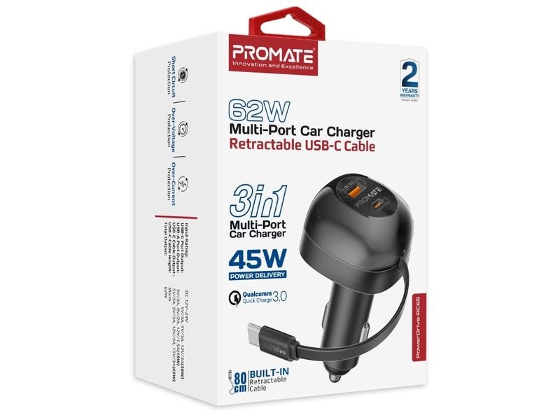 Promate Autoladegerät PowerDrive-RC65 Auto-Ladegerät mit ausziehbarem USB-C-Kabel