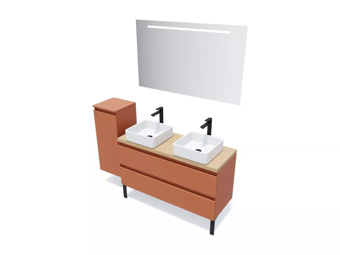 Meuble de salle de bain suspendu 2 vasques à poser 120cm 2 tiroirs Terracotta - Hudson