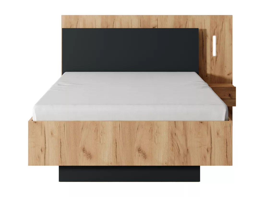Lit avec chevet 120 x 200 cm - 1 tiroir - Avec LEDs - Coloris : Naturel et anthracite - FRANCOLI