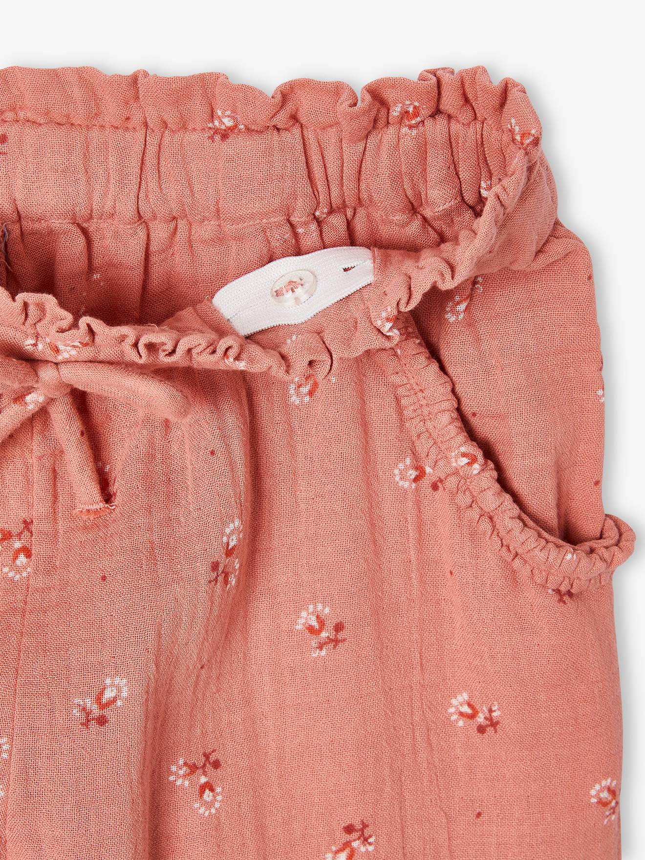 Calça cropped rosa de chiffon de algodão com estampa floral para meninas