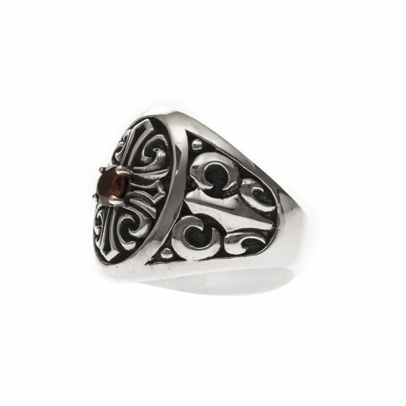 Chevalière Croix Pierre Rouge Argent