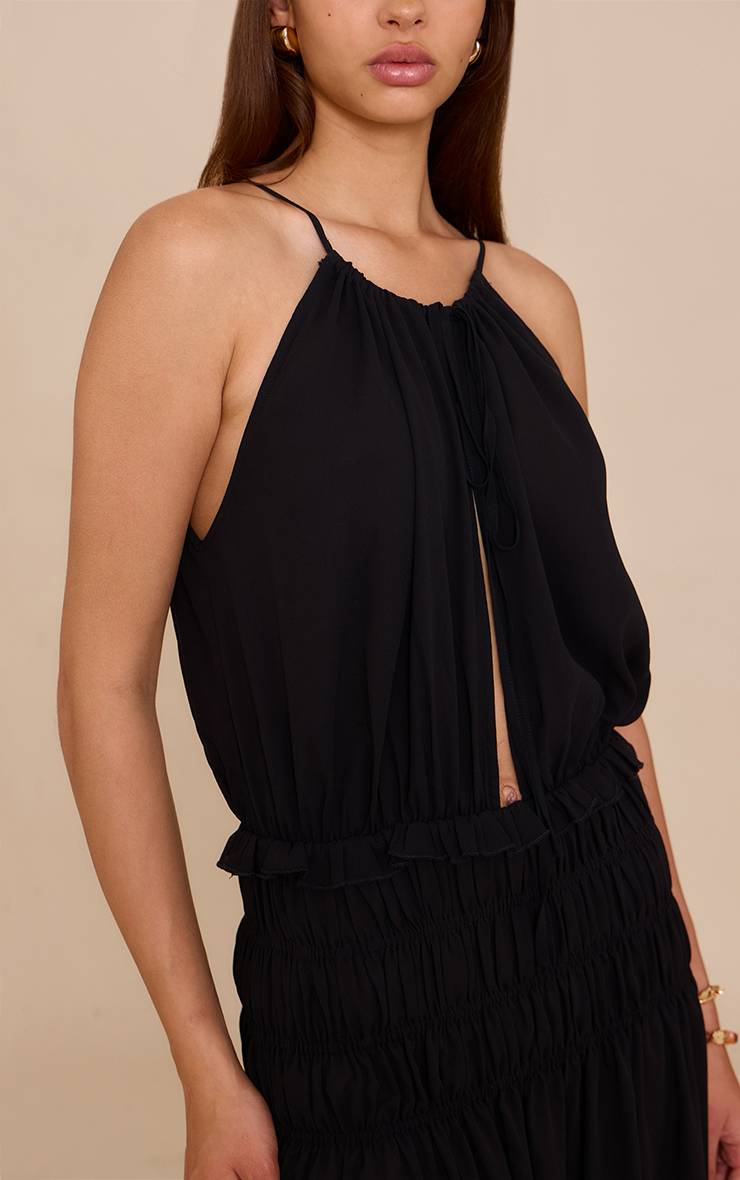 Noir Robe Longue En Mousseline Froncée