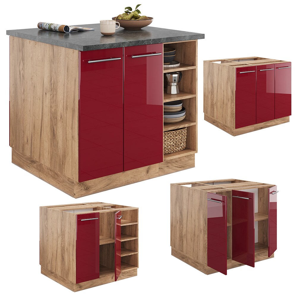 Vicco Kücheninsel Küchenblock Einbauküche Fame-Line Eiche Bordeaux Rot 90 cm modern Hochglanz Küchen Schränke Regalunterschrank Küchenunterschrank Regalinselunterschrank Softclose-Scharnier Küchenmöbel