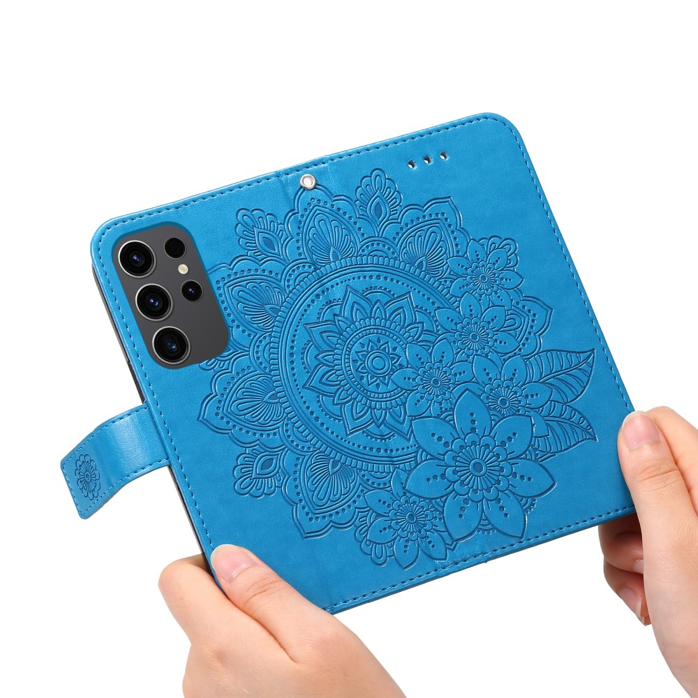 Samsung Galaxy S24 Ultra Leder Tasche Wallet - Mandala Flower Imprint - Blau
