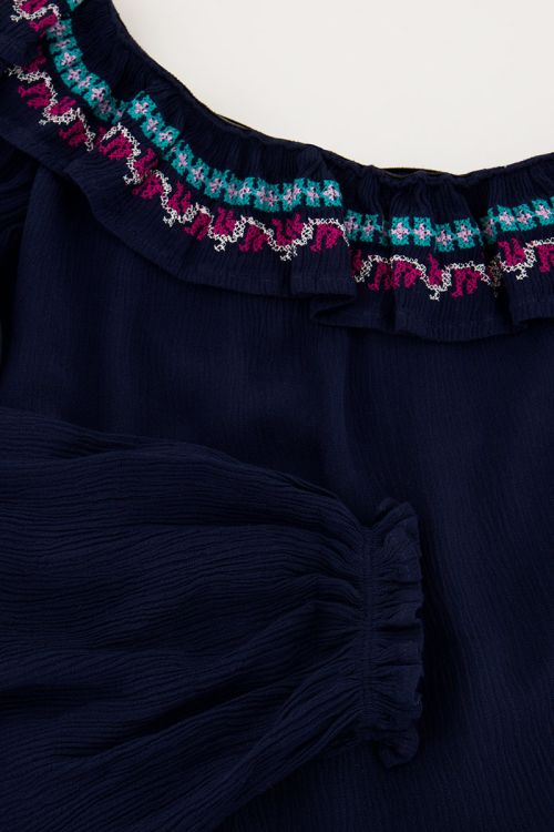 Donkerblauwe one-shoulder top met multikleur embroidery